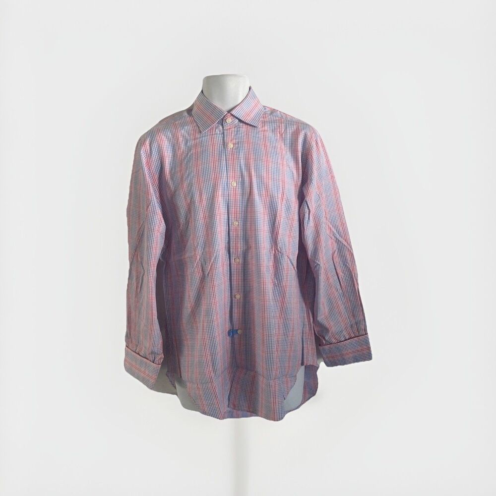 T.M. Lewin Mens Lewin 100 Cotton Multicolored Plaid Check Dress Shirt 15.5 33